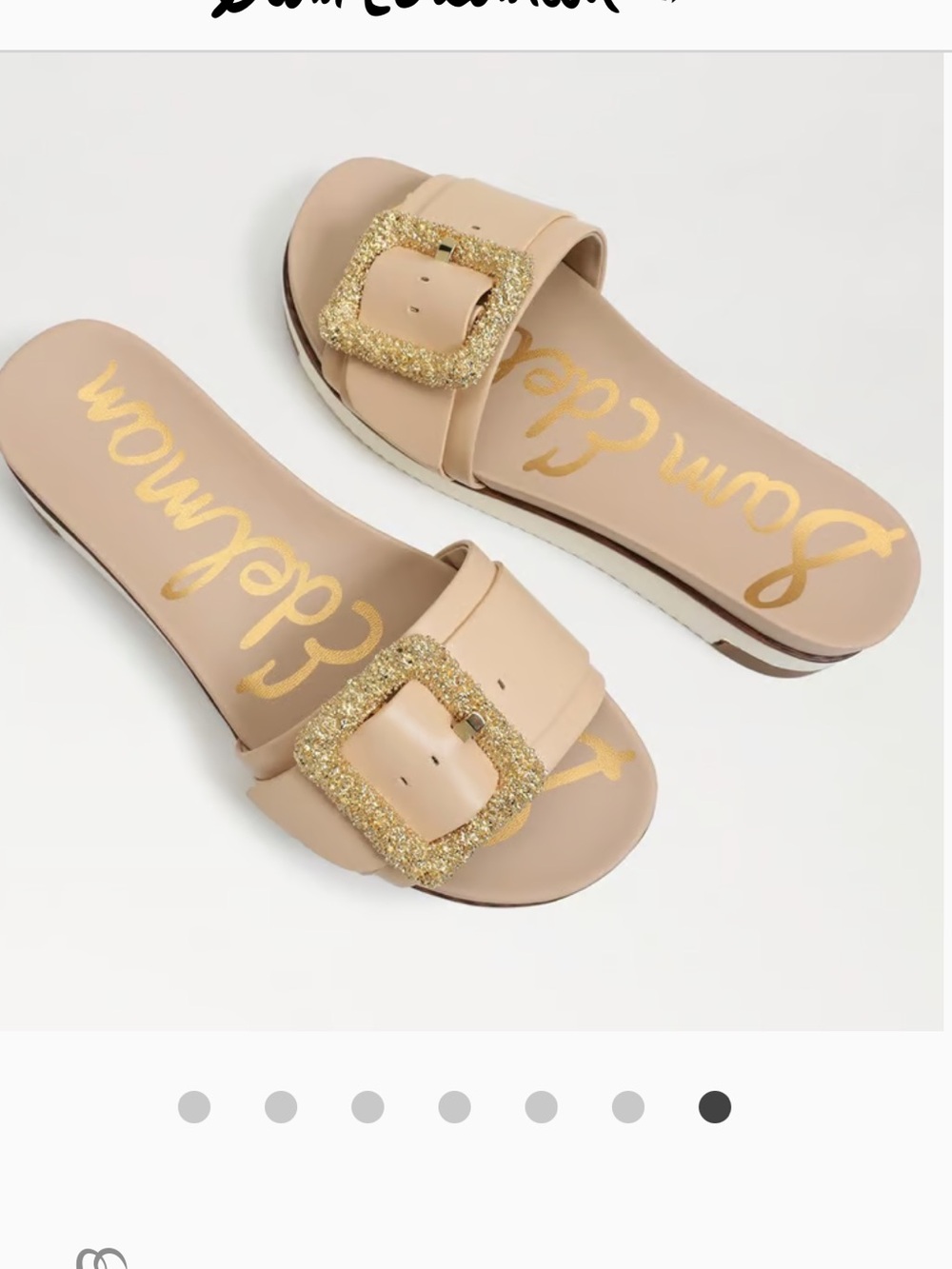 Sam Edelman Beige Slide Sandals with Gold Glitter Buckle- Ariane slide